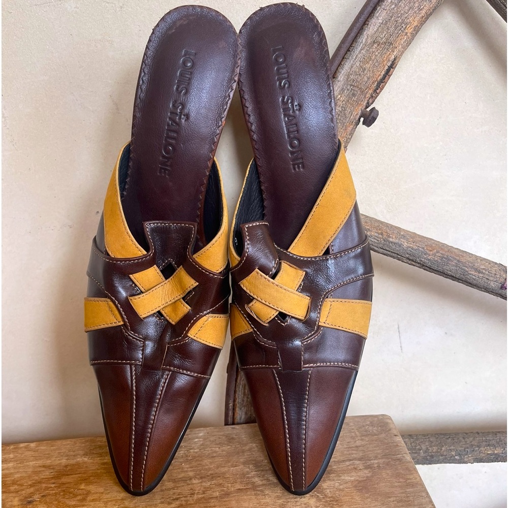 LOUIS STALLONE Brown & Gold Leather Mule Slide Heels Woman’s Sz 39 ITALY NEW!